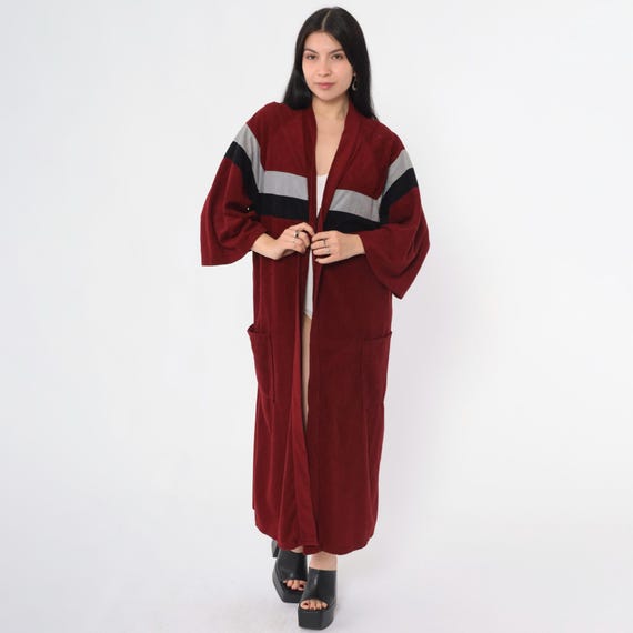 Vintage Velour Robe Dress 70s Maxi Maroon Striped Lounge Dressing Gown Long Sleeve 1970s Loungewear One Size 36 - 48 Medium Large xl