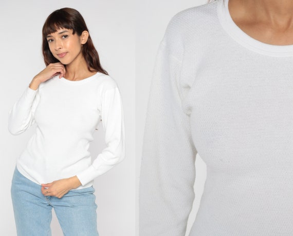 White Thermal Shirt 90s Long Sleeve Undershirt Waffle Knit Shirt Under Shirt T Shirt Underwear Retro Tee Layer Vintage 1990s Mens Small S