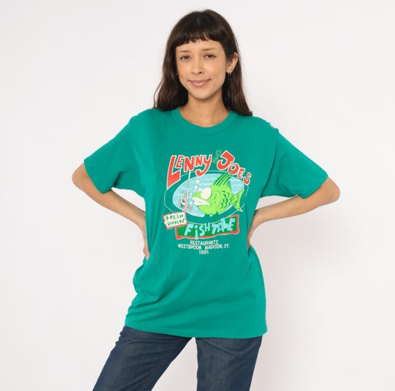 90s Fish Tale Tee Lenny Joes Seafood Restaurant Teal Graphic Print Novelty Souvenir Cotton Short Sleeve Beach Summer Vintage Shirt Large L