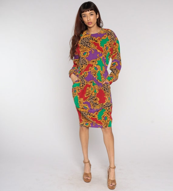 Silk Baroque Dress 80s Mini Dress Animal Print Dress Leopard 90s Midi Pleated Pencil Skirt Long Sleeve Vintage Red Purple Green Gold Medium