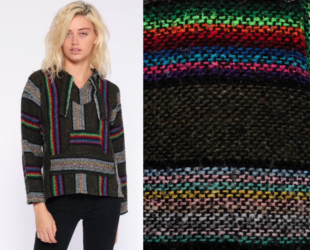 Neon Rainbow Drug Rug Baja Hoodie Mexican Sweatshirt Hippie Boho Hooded Ethnic Vintage Blanket Stripe Bohemian Kangaroo Extra Small Xs
