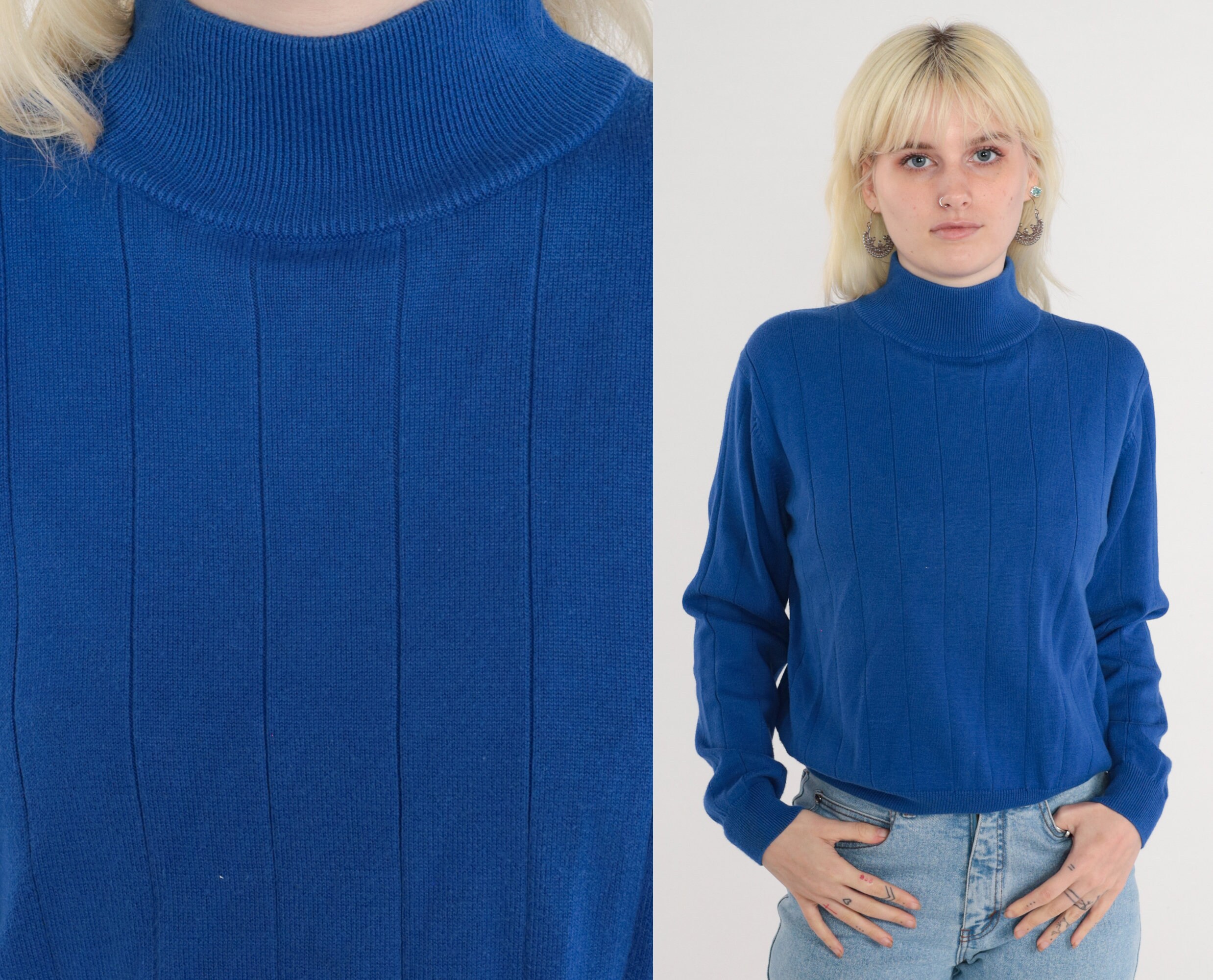 Royal Blue Turtleneck Sweater 90s Ribbed Knit Top Retro Pullover Turtle ...
