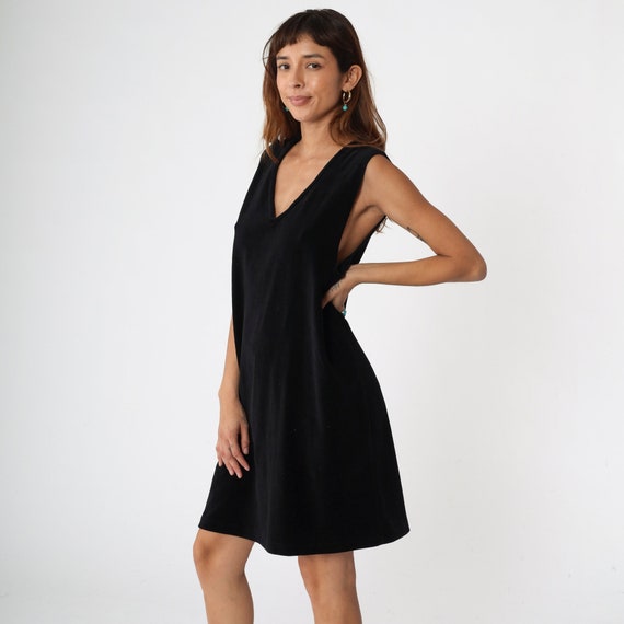 Black Shift Dress 90s Mini Dress V Neck Plain Sle… - image 4