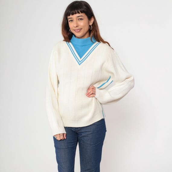 1970s Turtleneck Sweater Off-White Ski Sweater Boho Blue Striped Sweater 70s Pullover Jumper Vintage Knit Chevron Puritan Large L
