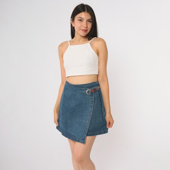 Embroidered Floral Skirt Denim Wrap 90s Belt Closure Mini Jean Skirt Vintage Boho Asymmetrical Unique Alternative Fashion Large L