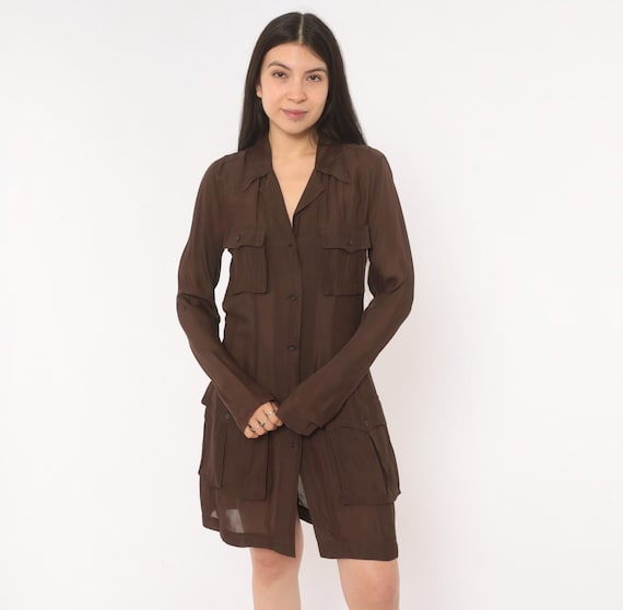 90s Dries Van Noten Silk Shirt Dress Brown Sheer Button Front Safari Utility Pocket Collar Chocolate Mocha Mini Designer Vintage Small S