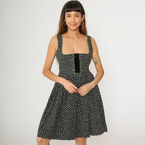 Vintage 60s Dirndl Dress Black Floral Oktoberfest Folk Dress Austrian Look Original Hemara Button Up Full Skirt Retro Peasant 1960s Small S