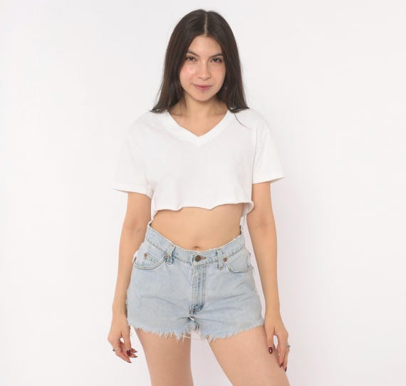 Levi's Cutoff Shorts 90s Light Wash Denim High Rise Button Fly Frayed Hem Jean Cut Off Hot Pants Blue Cotton Distressed Vintage  Small S