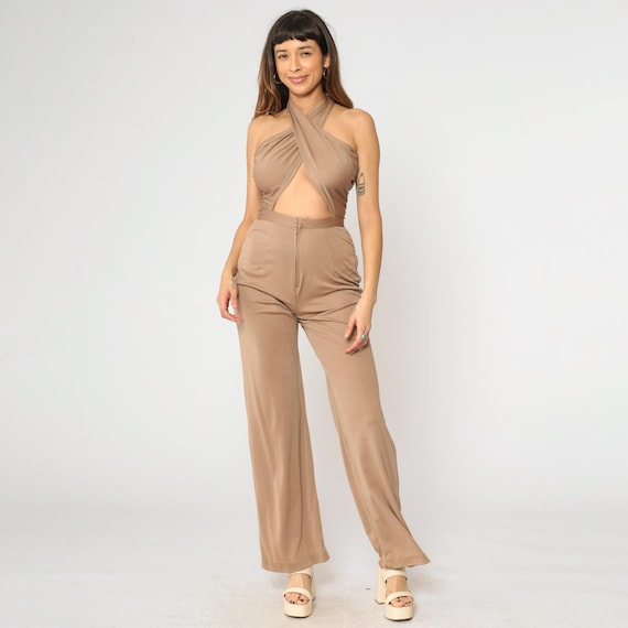 Vintage Tan Flared Jumpsuit 70s Boho Keyhole Party Playsuit Peekaboo Halter Neck Bohemian Romper 1970s Sexy Night Out One Piece Small 4