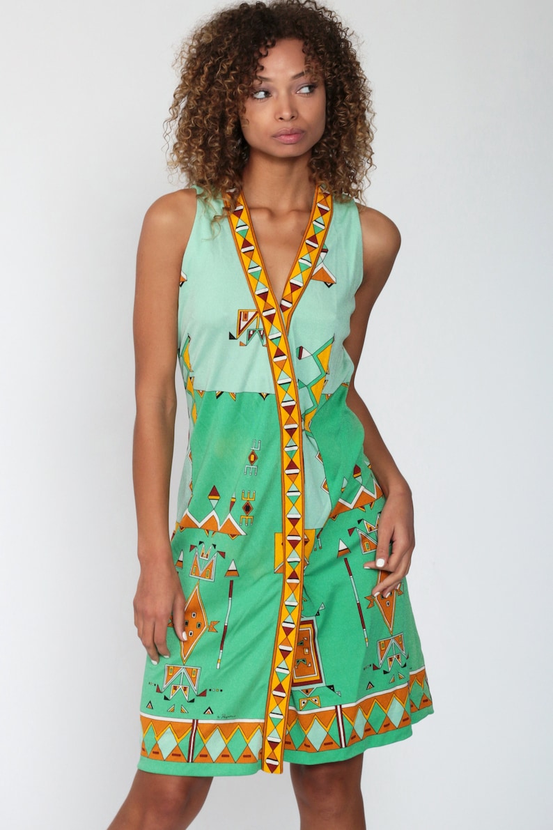 70s Mod Mini Dress Green PAGANNE Dress Tribal Geometric Print V Neck Dress 70s Vintage Minidress Boho Hippie Sleeveless Bohemian Small