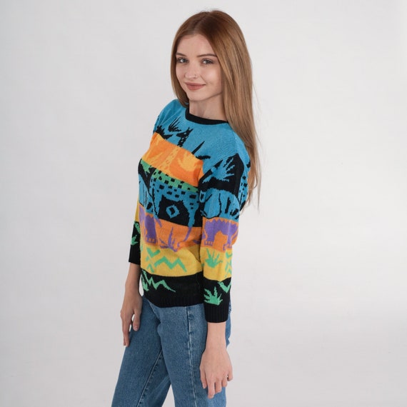 Safari Animal Sweater 90s Striped Knit Sweater El… - image 5