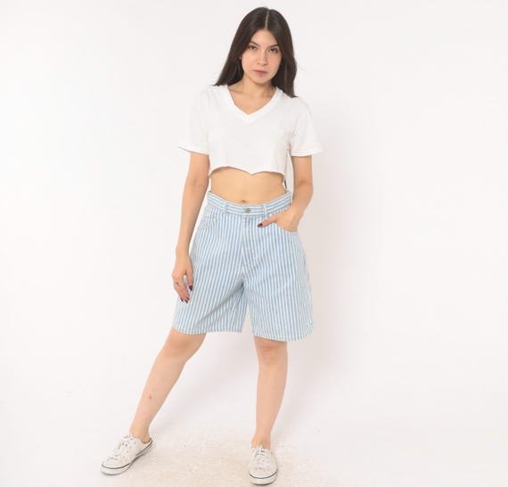 90s Striped Denim Shorts Lee High Waist Blue White Pinstripe Cotton Bermuda Button Closure Summer Casual Preppy Collegiate Vintage Medium M