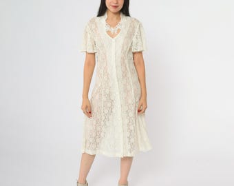 その他ブランド / 80-90s/ENGLAND製/襟シープ/JANE DE LACEY/コート/S/コットン/NVY 90s Lace Dress Dawn Joy Fashions White Cream Nylon Rayon Vintage