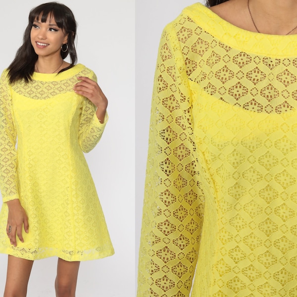 Yellow Lace Dress 60s Mini Boho Mod Party Cocktail Dress Sheer 1960s Cutwork ILLUSION NECKLINE Vintage Shift Long Sleeve Small Medium