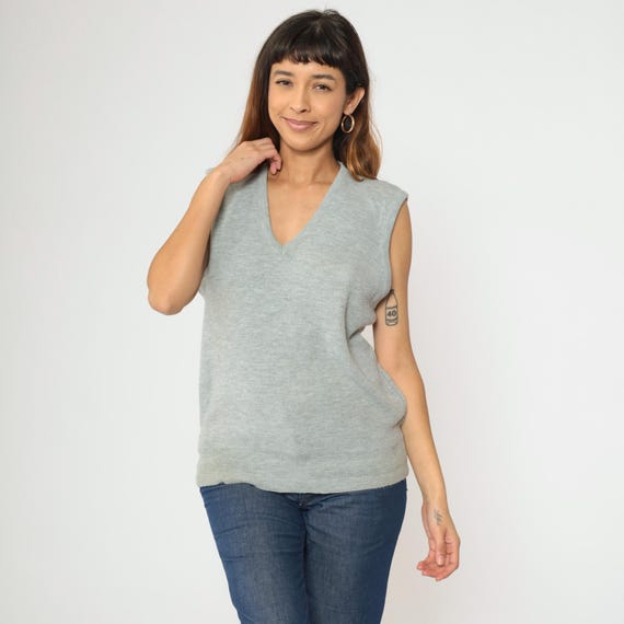 Vintage Grey Sweater Vest 80s Knit Tank Top Retro Sleeveless V Neck Pullover Shirt Basic Plain Layering Knitwear 1980s Medium Large