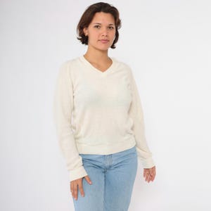 Vintage Frottee Pullover 80er Creme Sweatshirt V Ausschnitt Pullover Slouchy Frottee 1980er Jahre Lange Raglan Ärmel Retro Kleine S