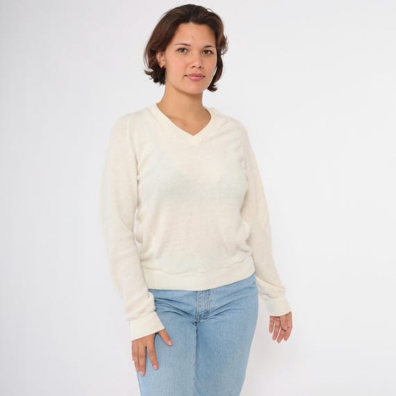Vintage Terry Cloth Sweater 80s Cream Sweatshirt V Neck Sweater Slouchy Terrycloth 1980s Long Raglan Sleeve Retro Small S