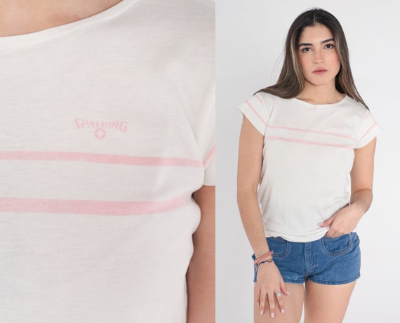 80s Spalding Shirt White Pink Striped T-Shirt Cap… - image 1