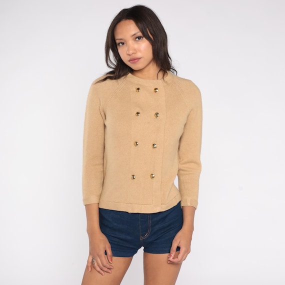 Camel Hair Cardigan 60s Tan Beige Gold Button Vintage I Magnin & Co Knit Preppy Old Money Crew Neck Sweater Top Extra Small XS 0