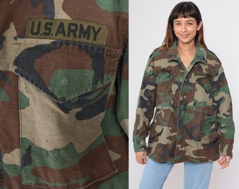 US Army Jacket Camo Jacket 90s Camouflage Military Uniform Utility Distressed Commando Cargo Field Vintage 1990s Zip Up Medium Short