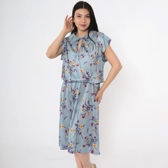 Vintage Blue Floral Dress 70s Midi Boho Dress Pleated Keyhole Peter Pan Collar High Waisted Bohemian Secretary Cap Sleeve Extra Large xl