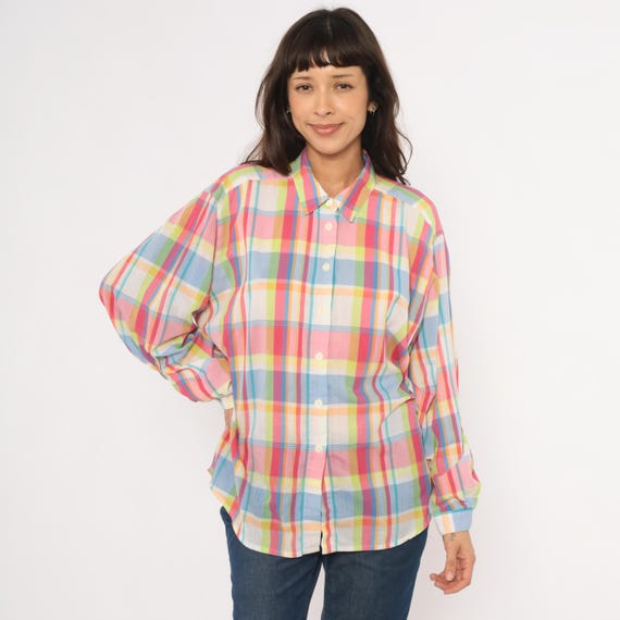 Rainbow Plaid Shirt 90s Madras Blouse Pink Blue Yellow Green Multicolor Pastel Check Relaxed Fit Collar Top Colorful Spring Extra Large XL