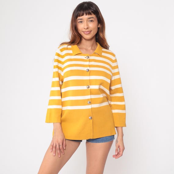 Mustard Yellow Striped Sweater Y2K Collared Knit Cardigan Button Front Acrylic Cotton Blend Boxy Fit Preppy Minimalist Large L