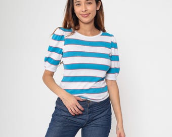 Vintage Puff Sleeve Striped T-Shirt 80s White Blue TShirt Fitted Top Puffy Shoulder Blouse Pullover Tee 1980s Small S