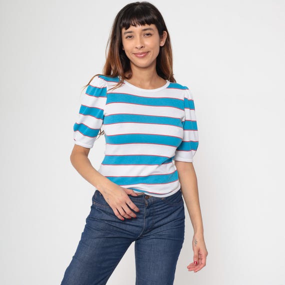 Vintage Puff Sleeve Striped T-Shirt 80s White Blue TShirt Fitted Top Puffy Shoulder Blouse Pullover Tee 1980s Small S