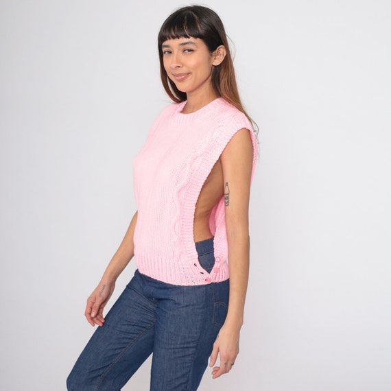 Vintage Pink Sweater Vest Top 80s Low Armhole Open Side Crop Top Cable Knit Shirt Sleeveless Slouchy Pastel 1980s Retro Medium