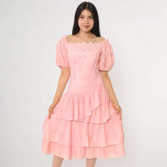 Pink Eyelet Midi 80s Prom Dress Puff Sleeve Tiered Ruffle Party Princess Formal Dancing Queen Romantic Ethereal Ballroom Small S