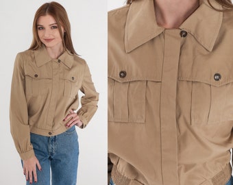 70s Cropped Jacket Tan Cargo Pocket Jacket Retro Bomber Simple Plain Neutral Seventies Sporty Crop Coat Collar Vintage 1970s Extra Small xs