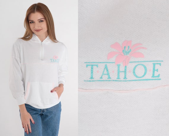 Lake Tahoe Hoodie 80s Quarter Zip Hooded Sweatshirt Floral Graphic Kangaroo Pocket Pullover Sweater Tourist White Vintage 1980s Hood Small S