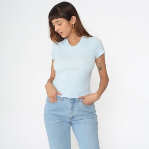 90s Baby Tee Shirt -- Ribbed Baby Blue Tshirt Plain Pastel T Shirt 1990s Top Retro Tee Vintage Basic Normcore Small Medium Large