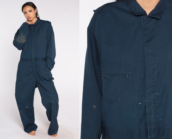 Navy Blue Coveralls 80s Jumpsuit Retro Workwear Pants Distressed Boilersuit One Piece Pantsuit Mechanic Vintage 1980s Sears Mens 2xl xxl