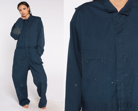 Navy Blue Coveralls 80s Jumpsuit Retro Workwear P… - image 1