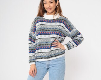 Suéter geométrico vintage de los años 80, jersey de punto a rayas blancas y azules, jersey de cuello alto, estilo grunge, años 80, talla mediana, M