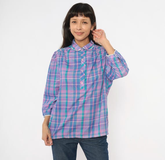 80s Plaid Puff Sleeve Blouse Purple Teal Pink Cotton Peter Pan Collar Lace Trim Top Prairie Cottagecore Shirt Violet Periwinkle Large L