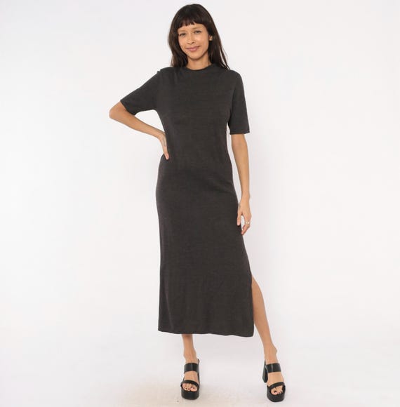 Y2K Charcoal Knit Maxi Dress Nina Leonard Short Sleeve Column Grey Wool Blend Minimalist Slate Pullover Sweater Gown Winter Small Petite SP