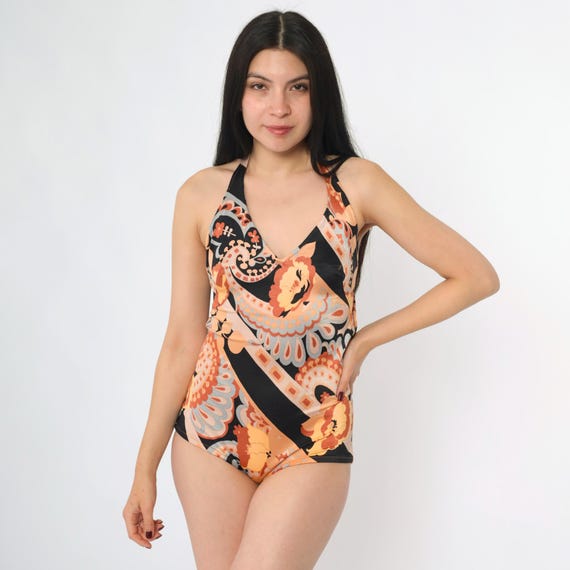 70s Floral One Piece Swimsuit Vintage Psychedelic Halter Neck Orange Black Bathing Suit Low Open Scoop Back Swim Suit 1970s Small Medium