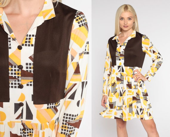 70s Mini Dress Mod Geometric Op Art Print Day Dre… - image 1