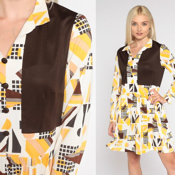 70s Mini Dress Mod Geometric Op Art Print Day Dress High Waisted Long Sleeve Retro Twiggy Marcia Brady Bunch Vintage 1970s Yellow Medium M