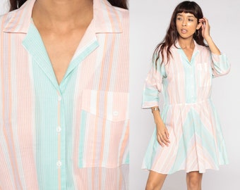 Striped Shirt Dress 80s Pastel Baby Pink Dress Button Up Midi Secretary Shirtdress High Waist Vintage Long Sleeve Dress Medium