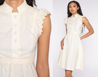 Off-White EYELET Dress 70s Cottagecore Cap Puff Sleeve Dress Prairie Dress 1970s Boho Hippie Vintage High Waist Bohemian 2xs xxs