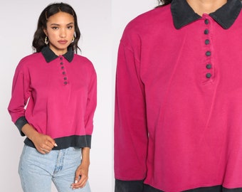 Bright Pink Shirt -- Vintage 80s Button Up Shirt Retro Top 1980s Slouch 3/4 Sleeve Tee Plain Polo Shirt Small S