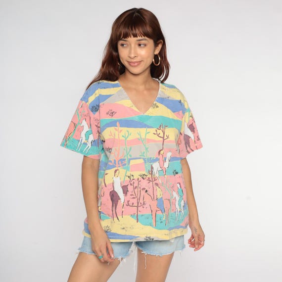 Pastel Horse Landscape Tee 90s T Shirt Graphic V Neck Cotton Short Sleeve Vintage Animal Scene Pink Blue Yellow Equestrian Western Medium M