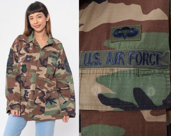 US Air Force Jacket 90s Camo Army Jacket Camouflage Button Up Retro Military Patch Utility Commando Cargo Field Vintage 1990s Medium Long