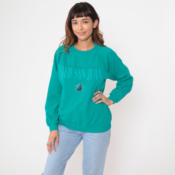 Turquoise Sweatshirt Puerto Rico Old San Juan Sailboat Vintage 90s Crewneck Raglan Travel Souvenir Graphic Hanes Large L