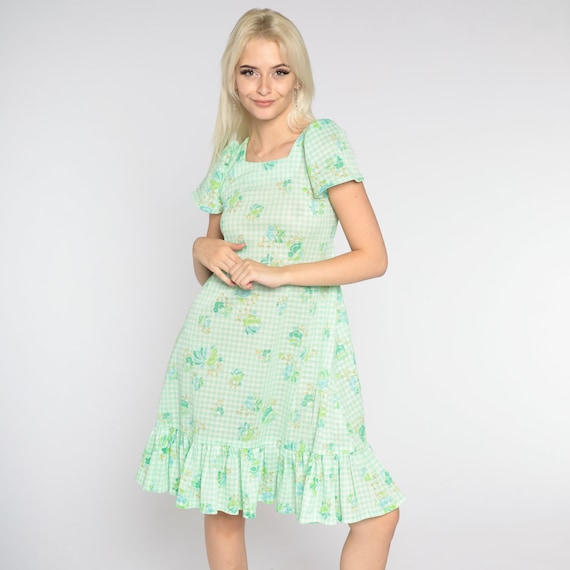 Gingham Mini Dress 70s Green White Floral Bird Print Dress Short Puff Sleeve Ruffled Flounce Shift Dress Summer Vintage 1970s Small xs s