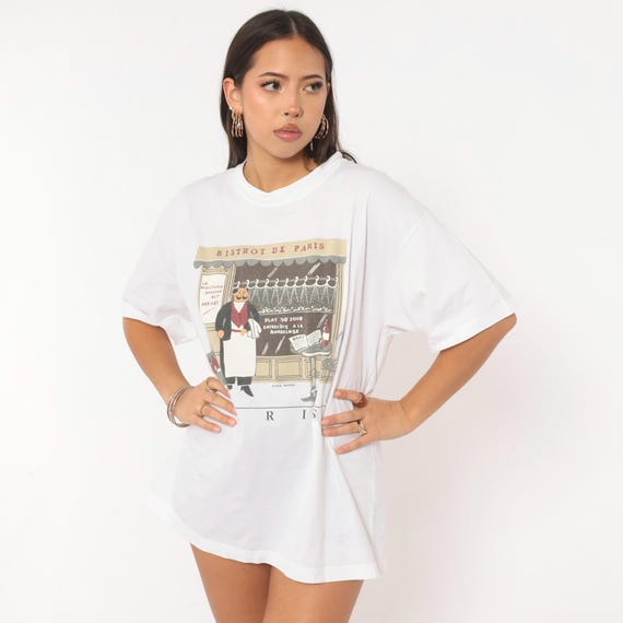 Paris Bistro Graphic Tee Y2K White Cotton Boxy Short Sleeve Crew Neck French Cafe Wine Print Novelty Travel Vintage Womens Large L